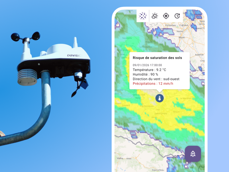 Application Kalisio Maps alertant d'un risque de saturation des sols grâces aux croisements de données météos et de la balise locale Weatherlink